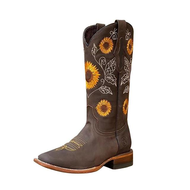 Braune Lederstiefel für Damen - Sonnenblume