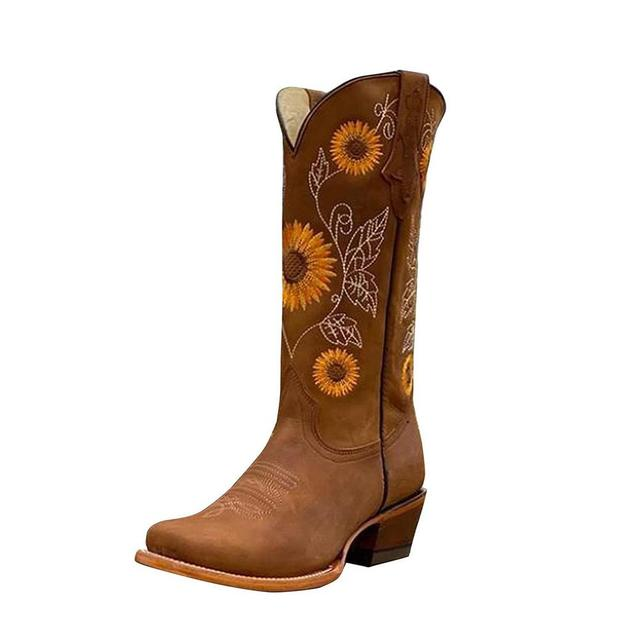 Braune Lederstiefel für Damen - Sonnenblume