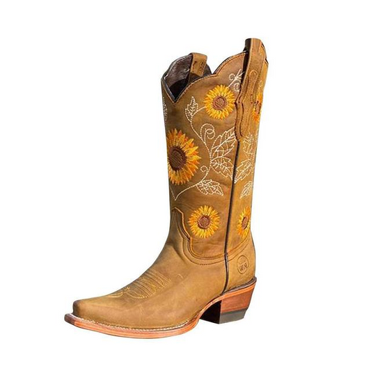 Braune Lederstiefel für Damen - Sonnenblume