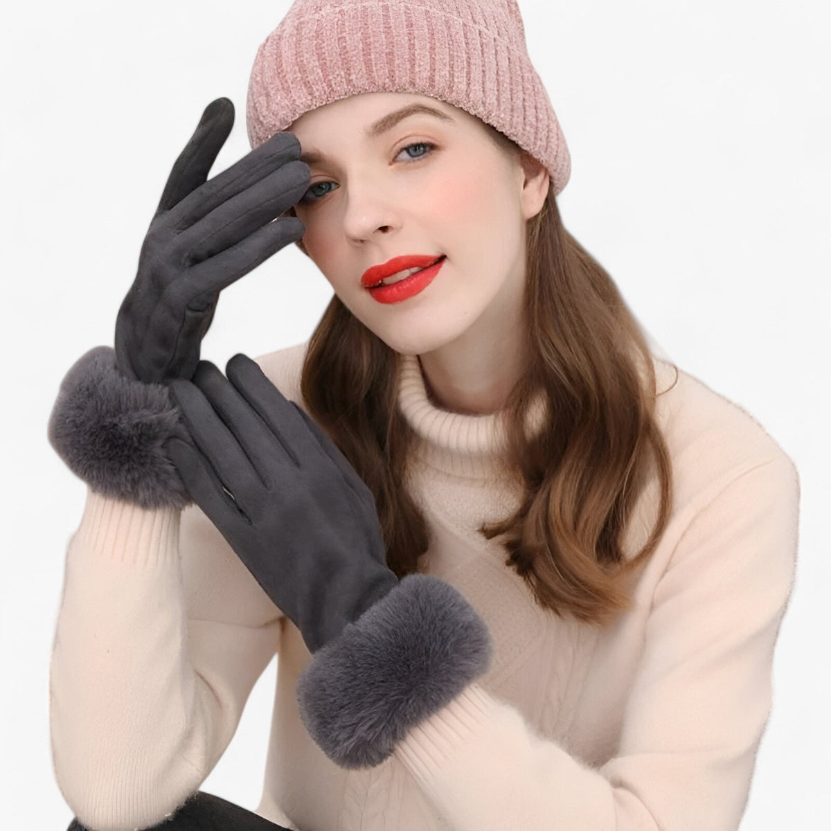 Helena | Warme Wildleder-Touchscreen-Handschuhe mit Kunstpelz
