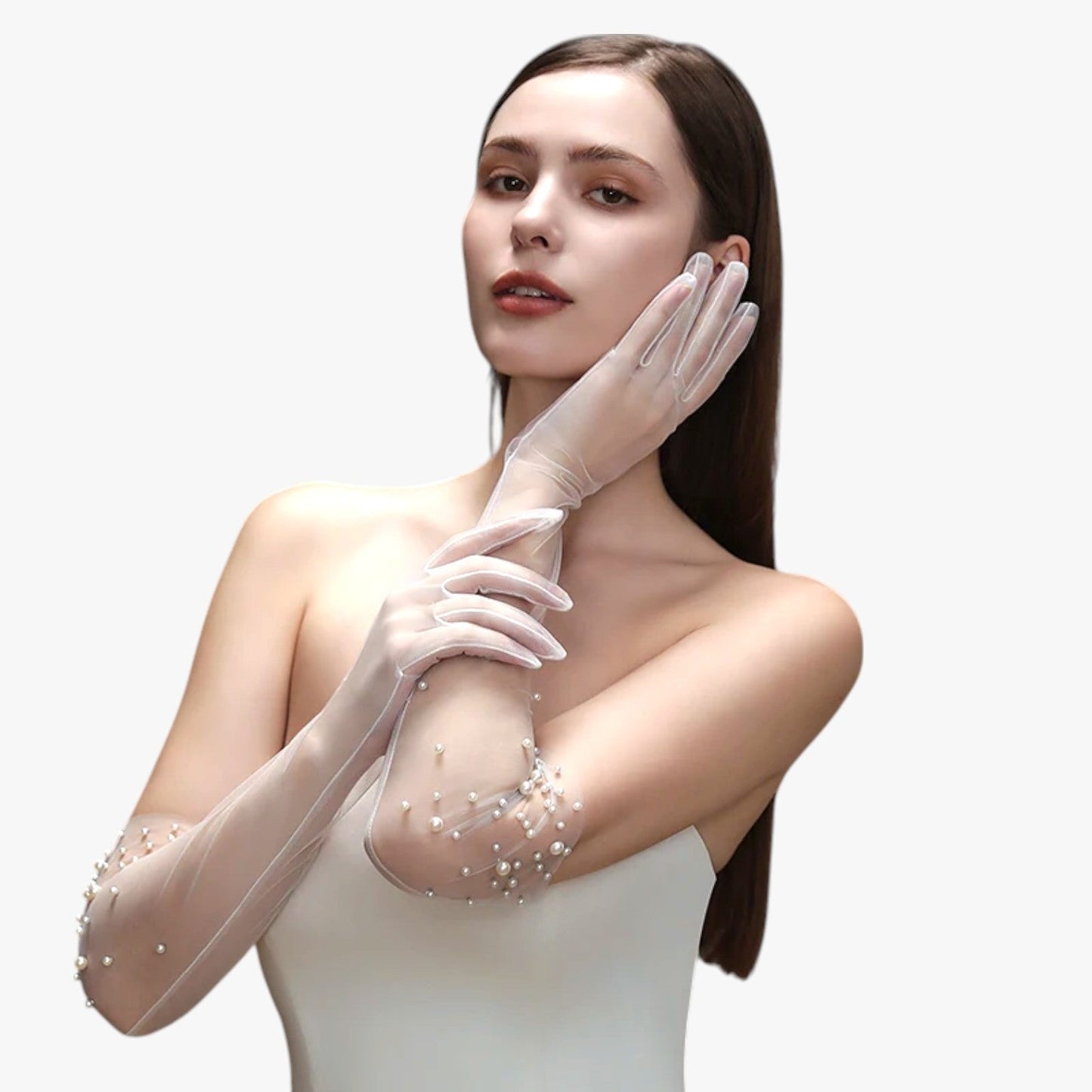 Vivian | Elegante Brautsatin-Handschuhe aus Tüll mit feiner Perlenstickerei Lang und leicht