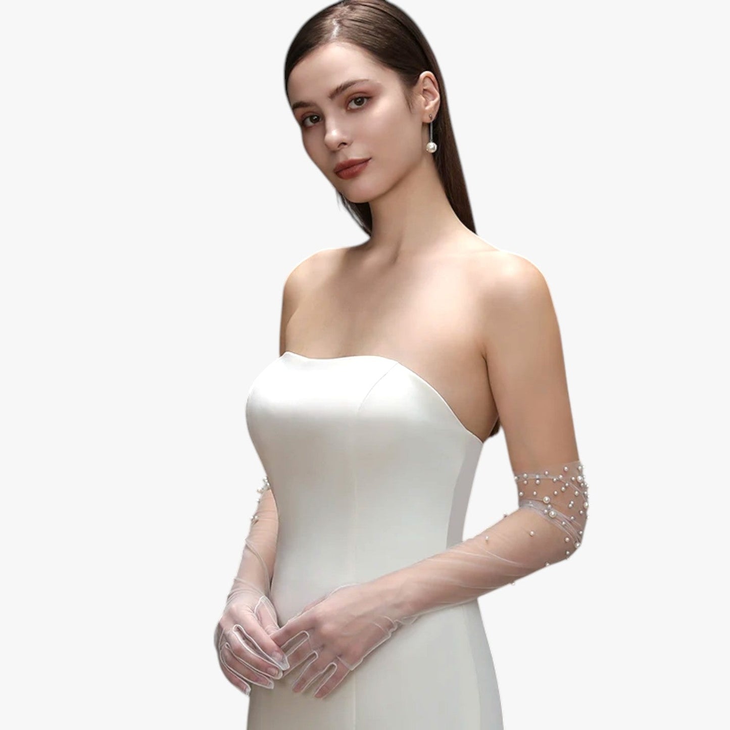 Vivian | Elegante Brautsatin-Handschuhe aus Tüll mit feiner Perlenstickerei Lang und leicht