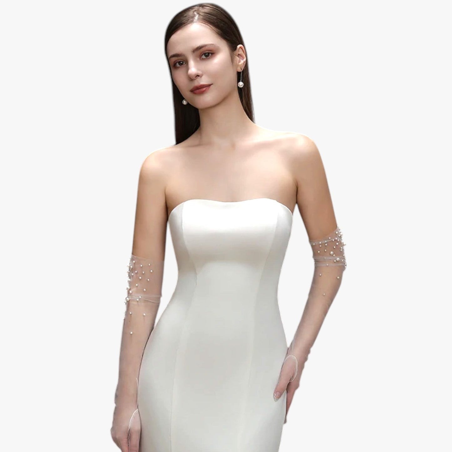 Vivian | Elegante Brautsatin-Handschuhe aus Tüll mit feiner Perlenstickerei Lang und leicht