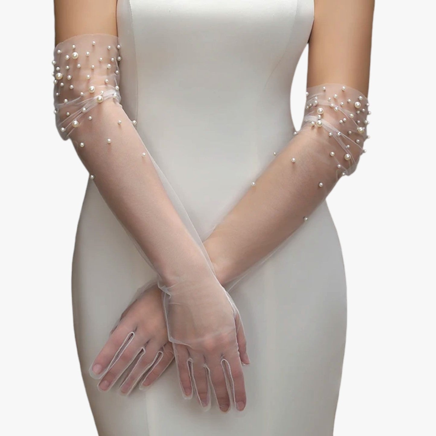 Vivian | Elegante Brautsatin-Handschuhe aus Tüll mit feiner Perlenstickerei Lang und leicht