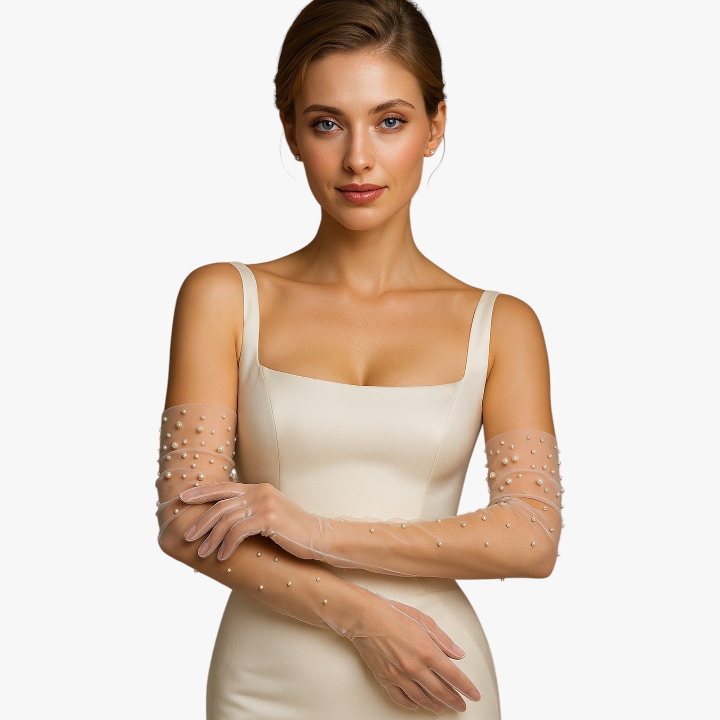 Vivian | Elegante Brautsatin-Handschuhe aus Tüll mit feiner Perlenstickerei Lang und leicht