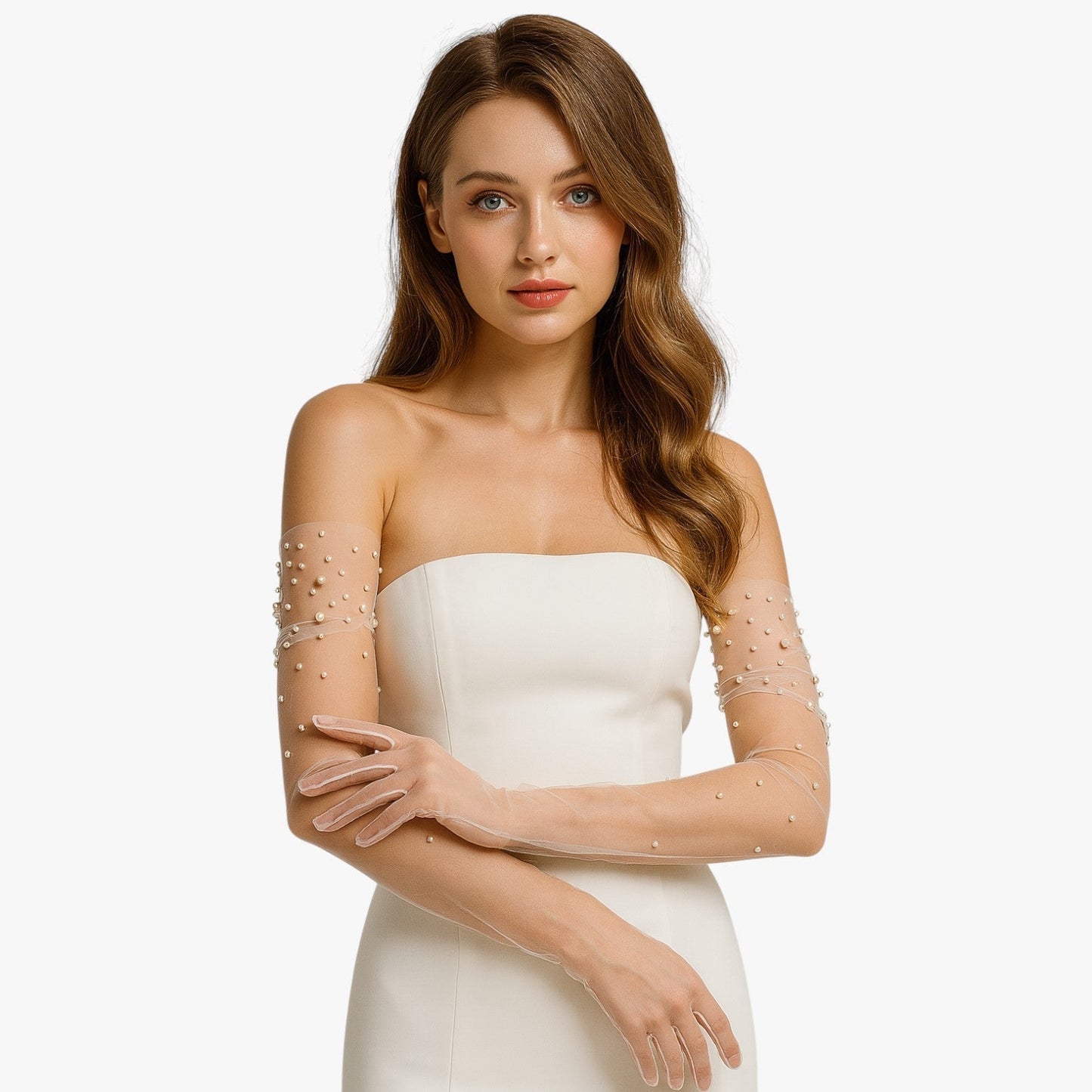 Vivian | Elegante Brautsatin-Handschuhe aus Tüll mit feiner Perlenstickerei Lang und leicht