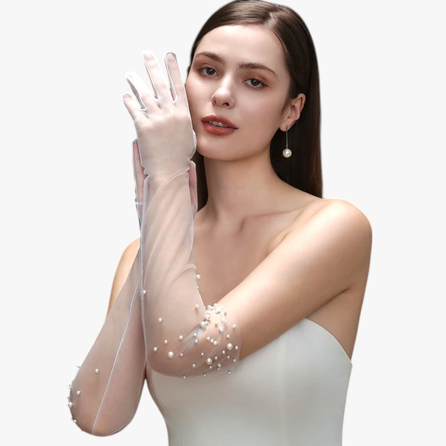 Vivian | Elegante Brautsatin-Handschuhe aus Tüll mit feiner Perlenstickerei Lang und leicht
